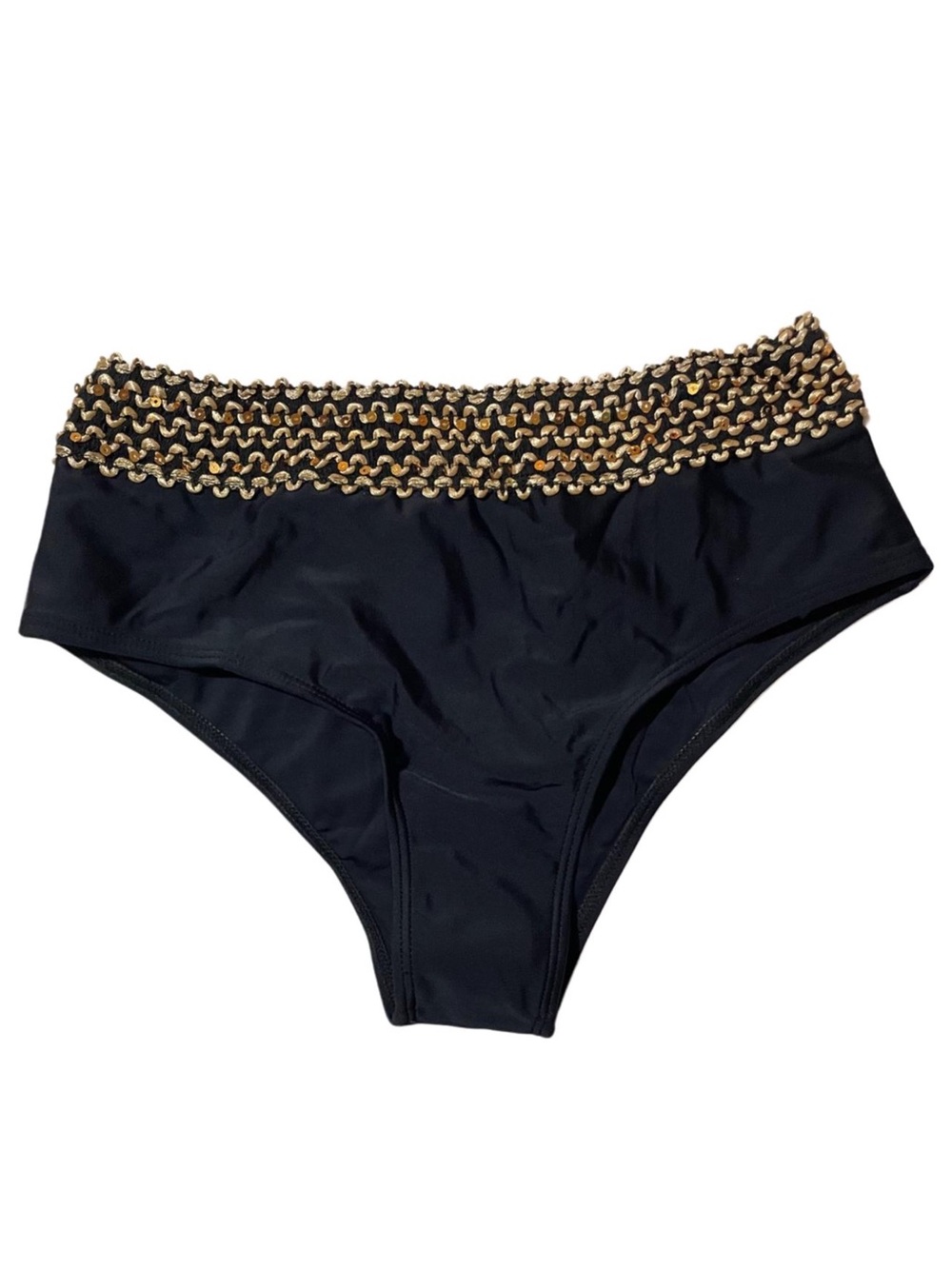 Ladies Classic Black Bikini Swimsuit Bottoms With Subtle Shimmer Gold Waist